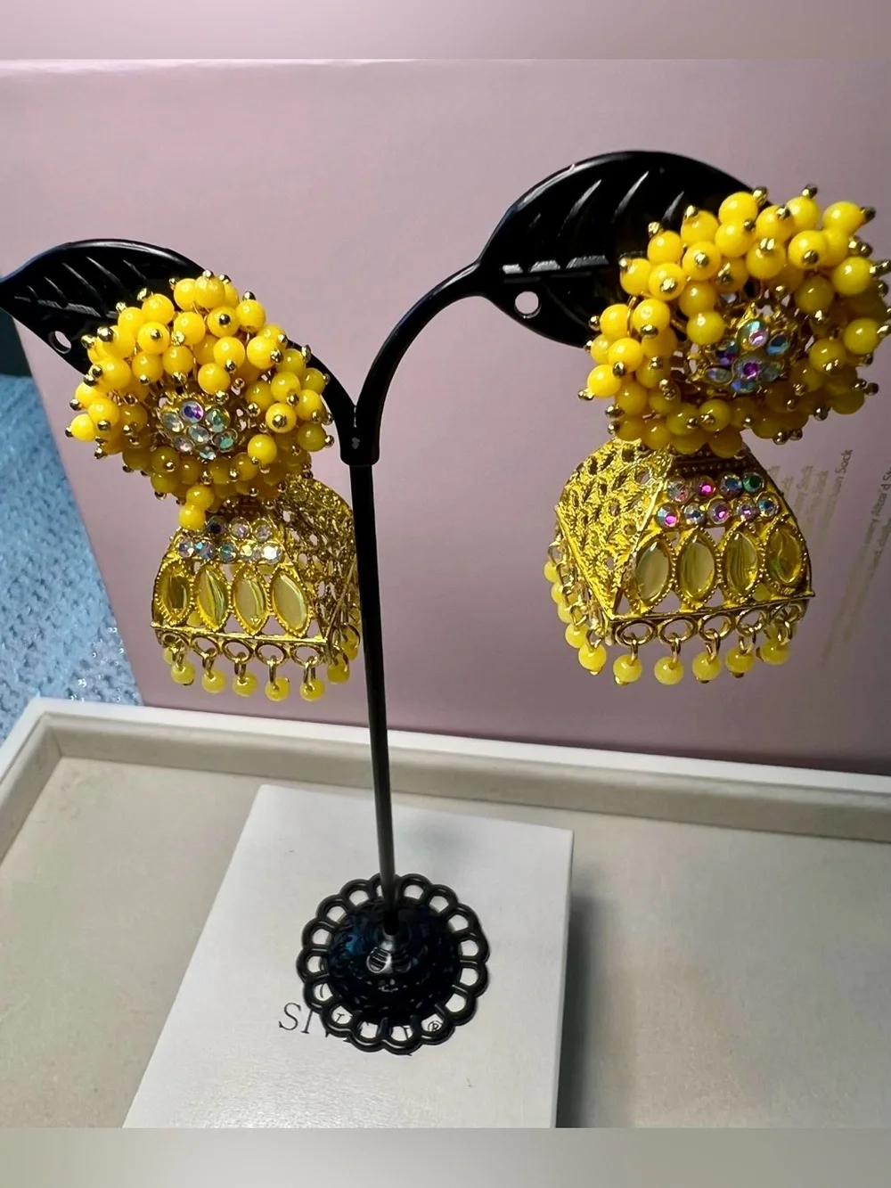 Yellow Beaded Gold-Tone Jhumka Earrings by